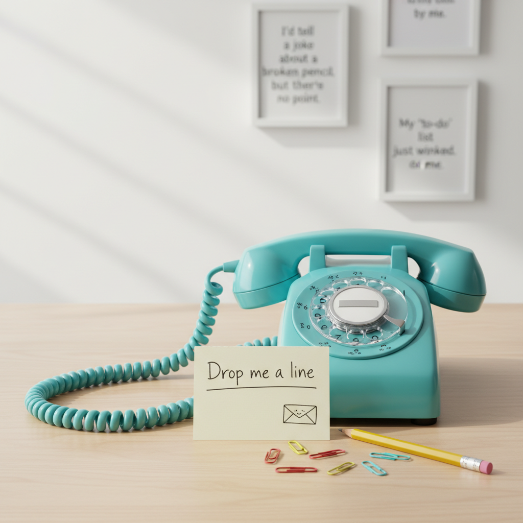 A tidy “contact” corner scene shows a vintage rotary telephone in bright turquoise with a coiled cord looping playfully across a light maple desktop. In front of it lies a small, open note card with the handwritten words “Drop me a line” underlined twice, accompanied by a tiny doodle of a smiling envelope. A cheerful yellow pencil with an oversized eraser rests nearby, with a few colorful paperclips scattered like confetti. Soft, diffused morning light enters from the top left, highlighting the phone’s glossy plastic and casting delicate shadows that curve with the cord. The background is a lightly blurred wall with framed, humorous quote prints featuring witty one-liners. Photographic realism, eye-level composition, with a bright, welcoming, slightly quirky atmosphere, perfect for a friendly author contact page.