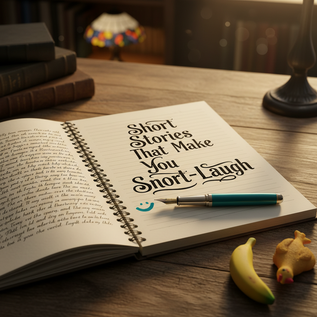 An open notebook with thick, cream-colored pages lies diagonally on a rustic oak table, its left page filled with small, neat handwriting and the right page dominated by a bold, hand-lettered heading: “Short Stories That Make You Snort-Laugh.” A shiny fountain pen with teal ink rests across the crease, leaving a tiny playful ink blot shaped vaguely like a smile. Beside the notebook, a pair of oversized novelty erasers shaped like bananas and rubber chickens add whimsical charm. Soft golden-hour light pours in from the top right, creating warm highlights on the ink and rich shadows in the paper’s texture. The background fades gently into a bokeh of books and a colorful lamp. Photographic realism, close-up, with a shallow depth of field and an intimate, mischievous mood.