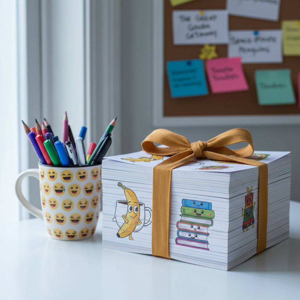 A neatly stacked pile of paperback manuscripts tied with a bright mustard-yellow ribbon rests on a clean white desk, each cover mockup featuring whimsical, cartoonish objects like grinning bananas and winking coffee mugs. A quirky ceramic mug decorated with tiny laughing faces sits beside them, half-full of pens instead of coffee. Overhead, soft daylight from a nearby window washes the scene in a cool, diffused glow, creating gentle reflections on the desk’s smooth surface. In the blurred background, a corkboard displays index cards with cheeky story titles and colorful sticky notes at odd angles. Photographic realism, captured from a slightly elevated angle with the stack on the right third of the frame, gives a lighthearted, organized-but-chaotic mood that suggests a playful fiction writer at work.