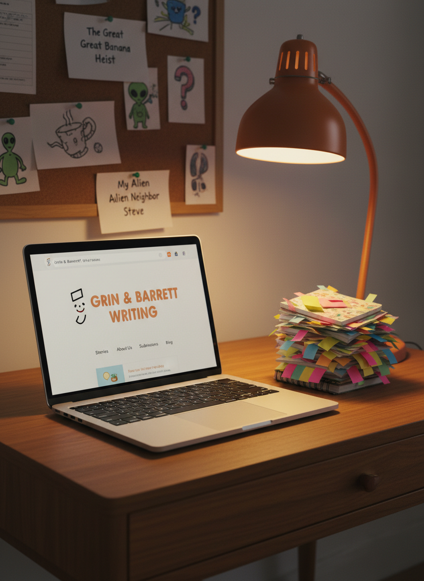 A sleek silver laptop sits open on a mid-century modern desk made of honey-toned wood, its screen displaying a mock website homepage titled “Grin & Barrett Writing” with playful, rounded fonts and a cartoonish smiling punctuation mark as a logo. Next to the laptop, a small, comically overstuffed notebook bulges with sticky notes and colorful page flags sticking out at odd angles. A bright orange desk lamp with a retro shape casts a warm pool of light over the keyboard and notebook, contrasting with cooler, dim ambient light in the room. In the soft-focus background, a bulletin board with pinned, printed story titles and humorous doodles on index cards adds character. Photographic realism, captured from a three-quarter angle, conveys a fun, approachable, creative workspace for humorous fiction.