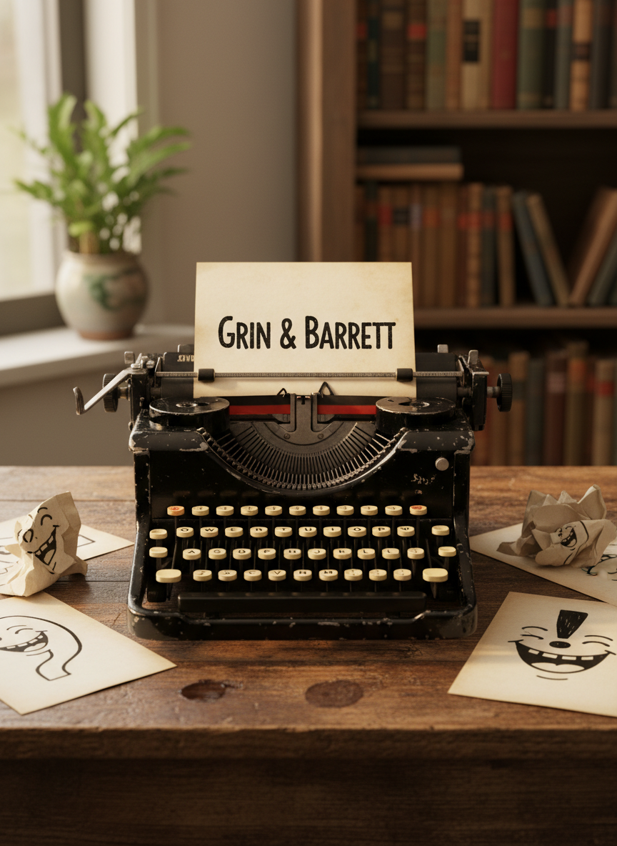A well-worn vintage typewriter with glossy black enamel and round cream-colored keys sits squarely in the center of a distressed wooden writing desk. A single sheet of paper pokes from the carriage, showing the bold title “Grin & Barrett” in a playful typeface. Around it, scattered pages with quirky doodles of smiling punctuation marks and exaggerated exclamation points add a humorous touch. Warm afternoon sunlight slants in from the left, casting long, soft shadows and subtle highlights on the metal type bars. The background is gently blurred shelves filled with colorful book spines and a small potted plant. Photographic realism, shot at eye level with a shallow depth of field, creates a cozy, inviting atmosphere that feels playful yet literary.